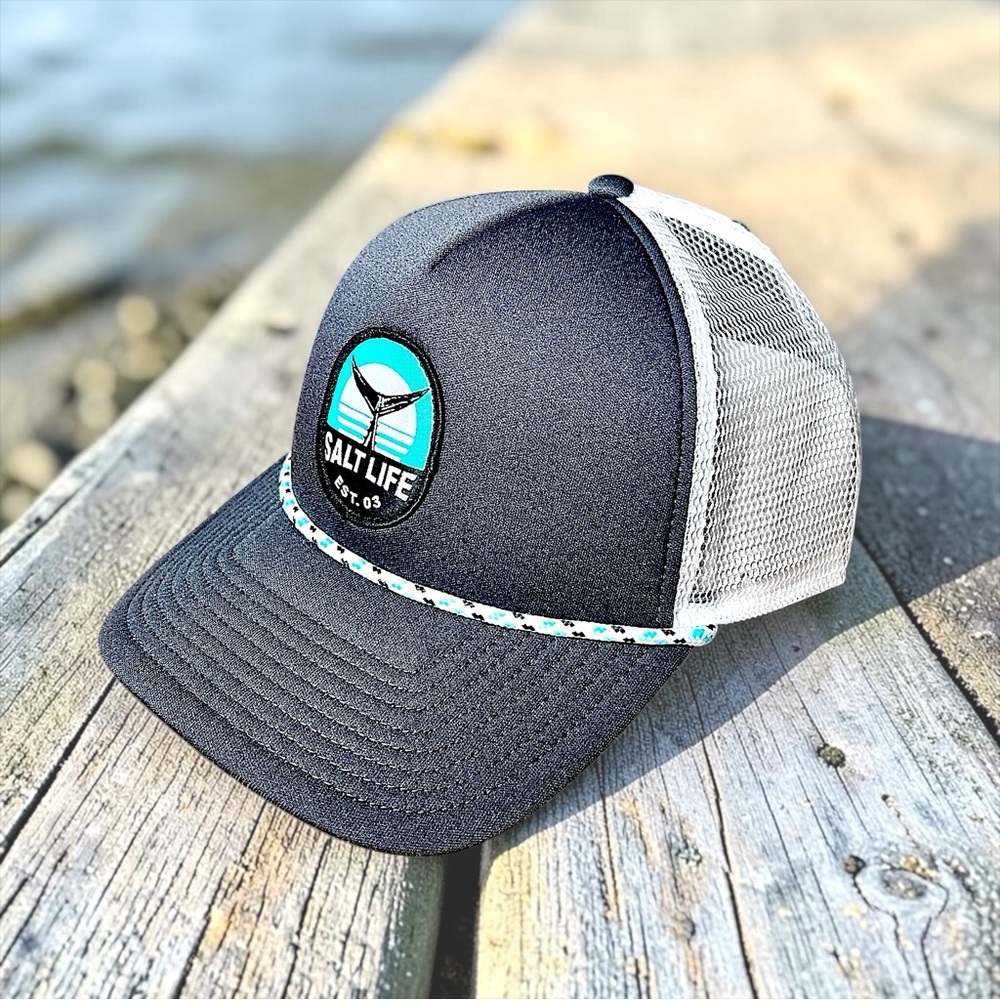 Salt Life Men’s Fish Tale Grey White Turquoise Trucker Hat Sz OS
